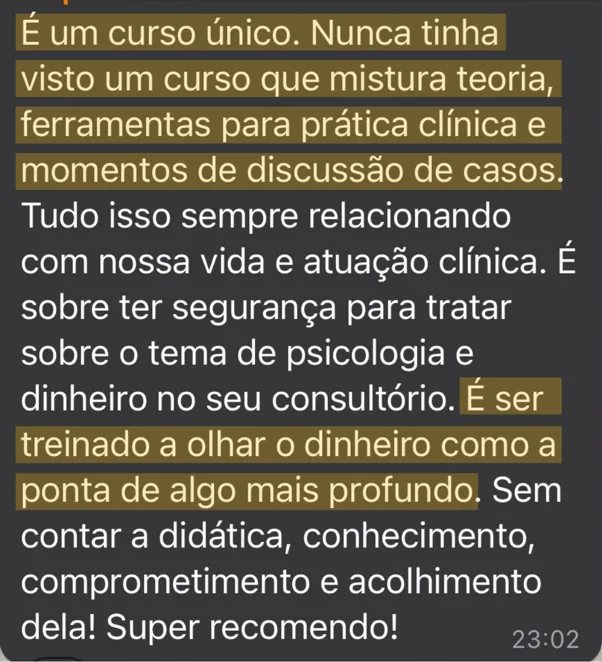 Depoimento de aluna: afirma que é um curso único no mercado