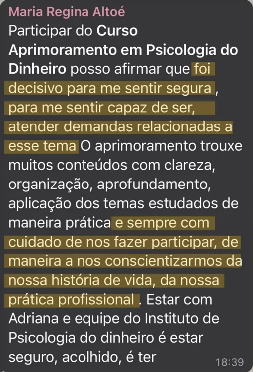 Depoimento de aluna: relata sentir-se mais segura para conduzir o tema do dinheiro nos atendimentos