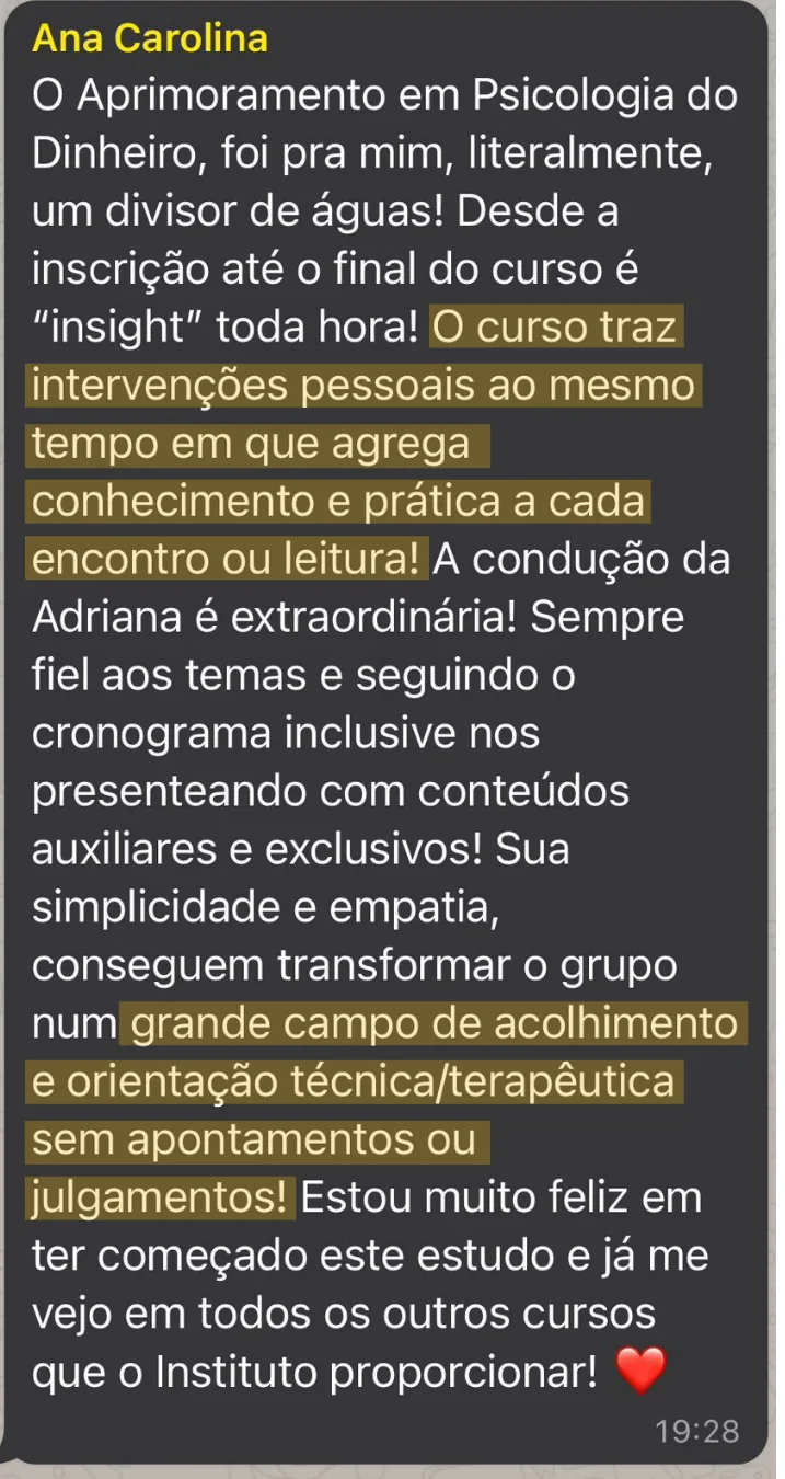 Depoimento de Ana Carolina: relata que o curso traz intervenções pessoais ao mesmo tempo em que agrega conhecimento e prática