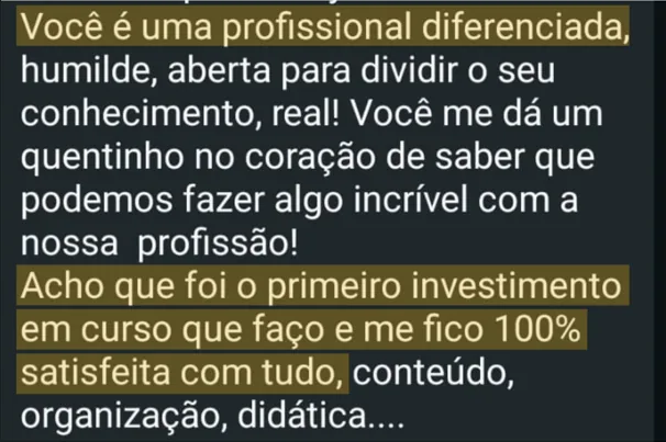 Depoimento de aluna: declara estar 100% satisfeita com a formação