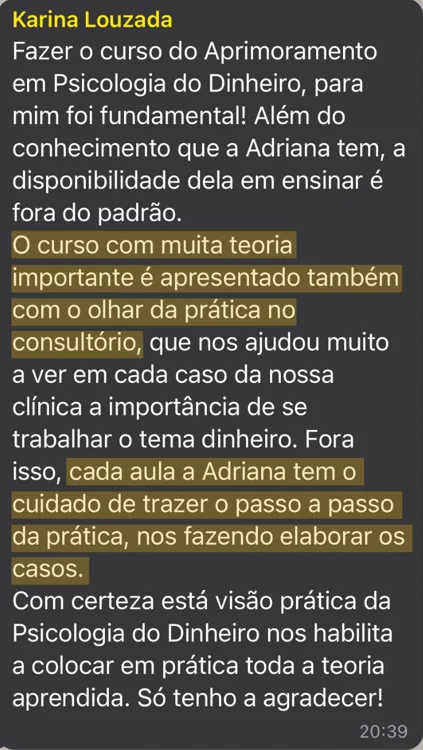 Depoimento de Karina: destaca o equilíbrio entre teoria e prática ao longo do curso