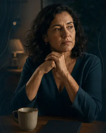 Mulher pensativa à mesa, à noite
